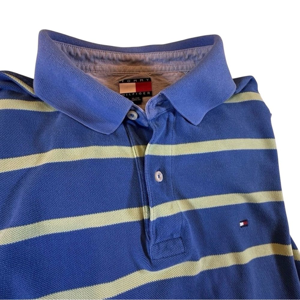 Tommy Hilfiger Rugby Pique Polo Shirt Mens XL Striped Preppy Cornflower Blue